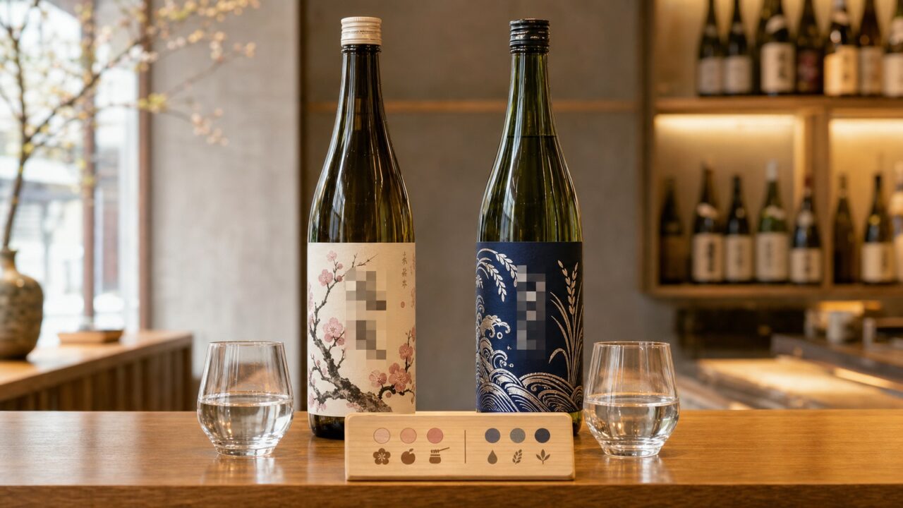 銘柄部分をモザイク加工した甘口と辛口をイメージした二本の日本酒と試飲グラス