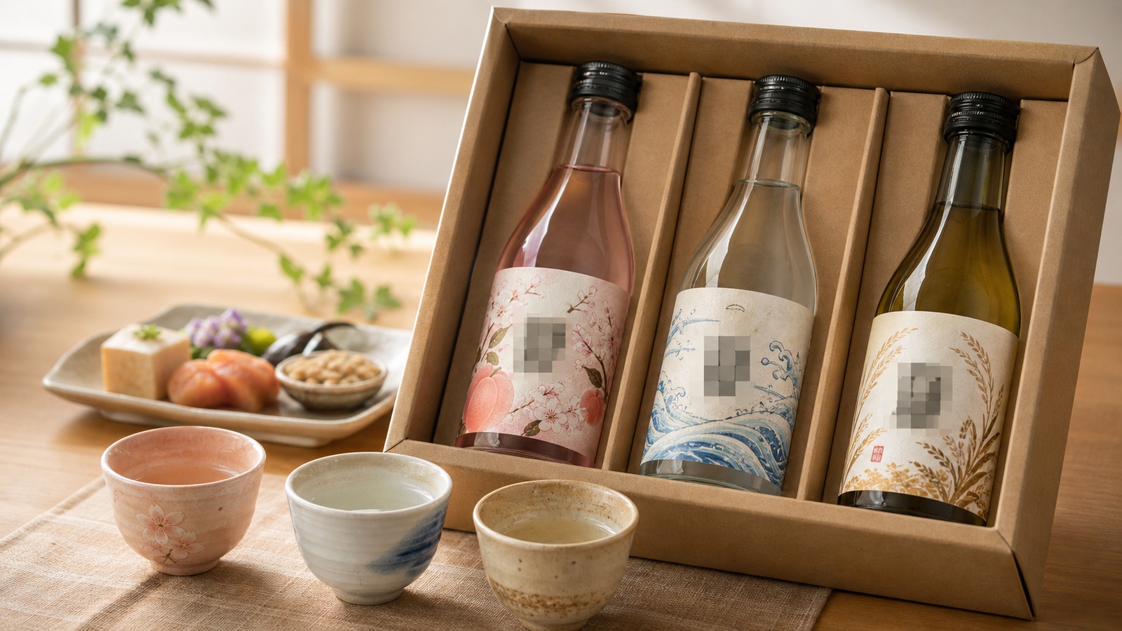 銘柄部分をモザイク加工した甘口 すっきり 米のうま味をイメージした日本酒小瓶飲み比べセット