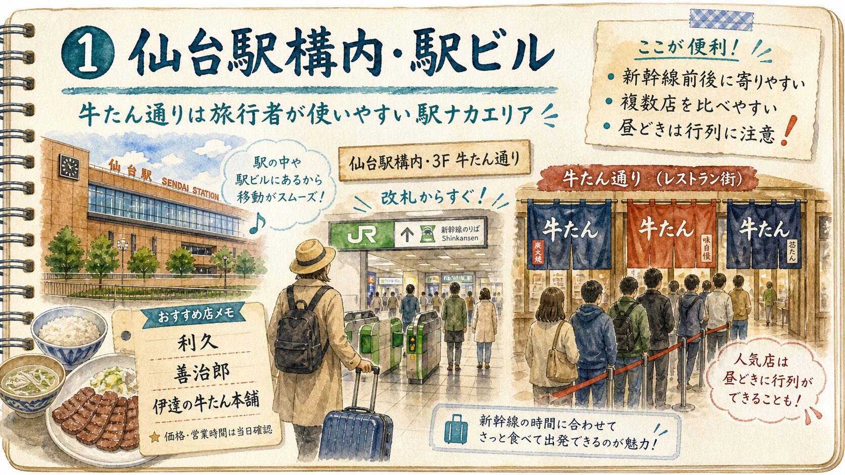 仙台駅構内と駅ビルの牛たん通りエリアを旅行者向けに説明する水彩メモ画像
