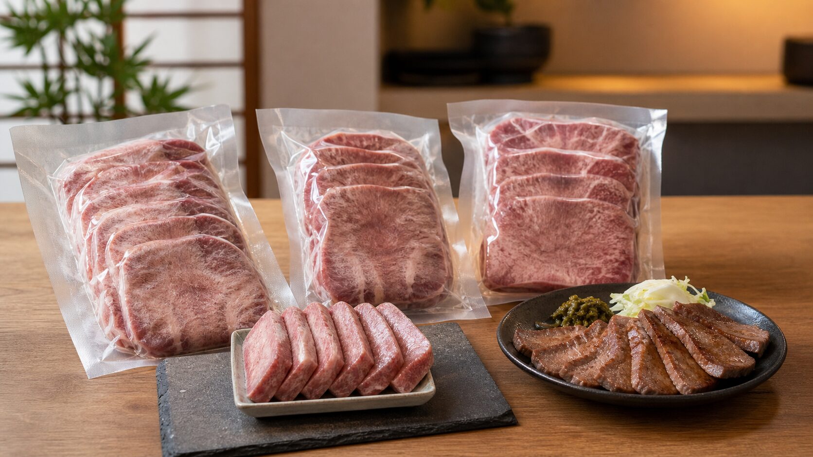 冷凍牛たんの厚み、個包装、内容量を比較する写真イメージ