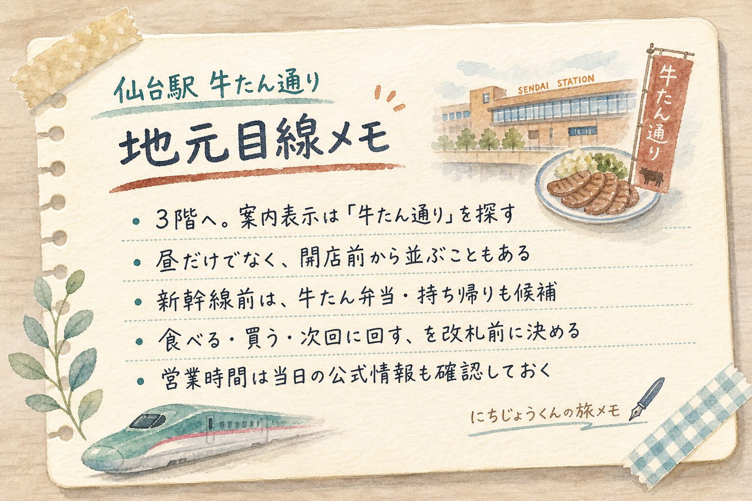 仙台駅牛たん通りで迷わないための地元目線メモを水彩文字でまとめた画像