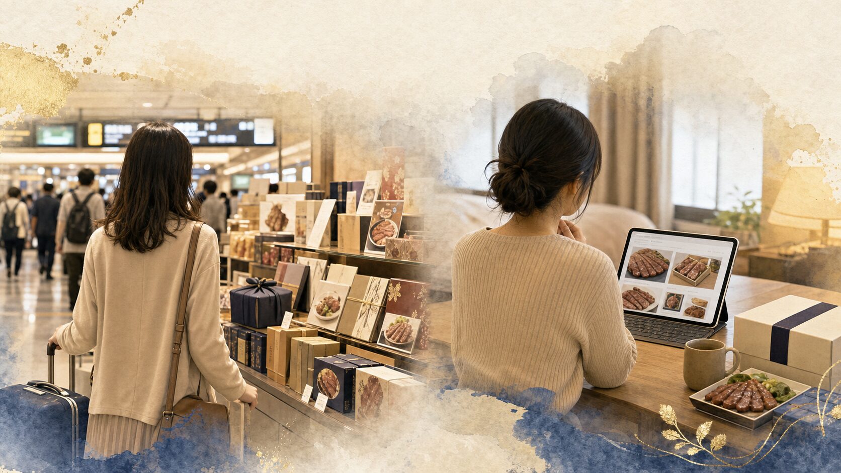 仙台駅で牛たんを買うか通販で買うか悩む女性の後ろ姿イメージ
