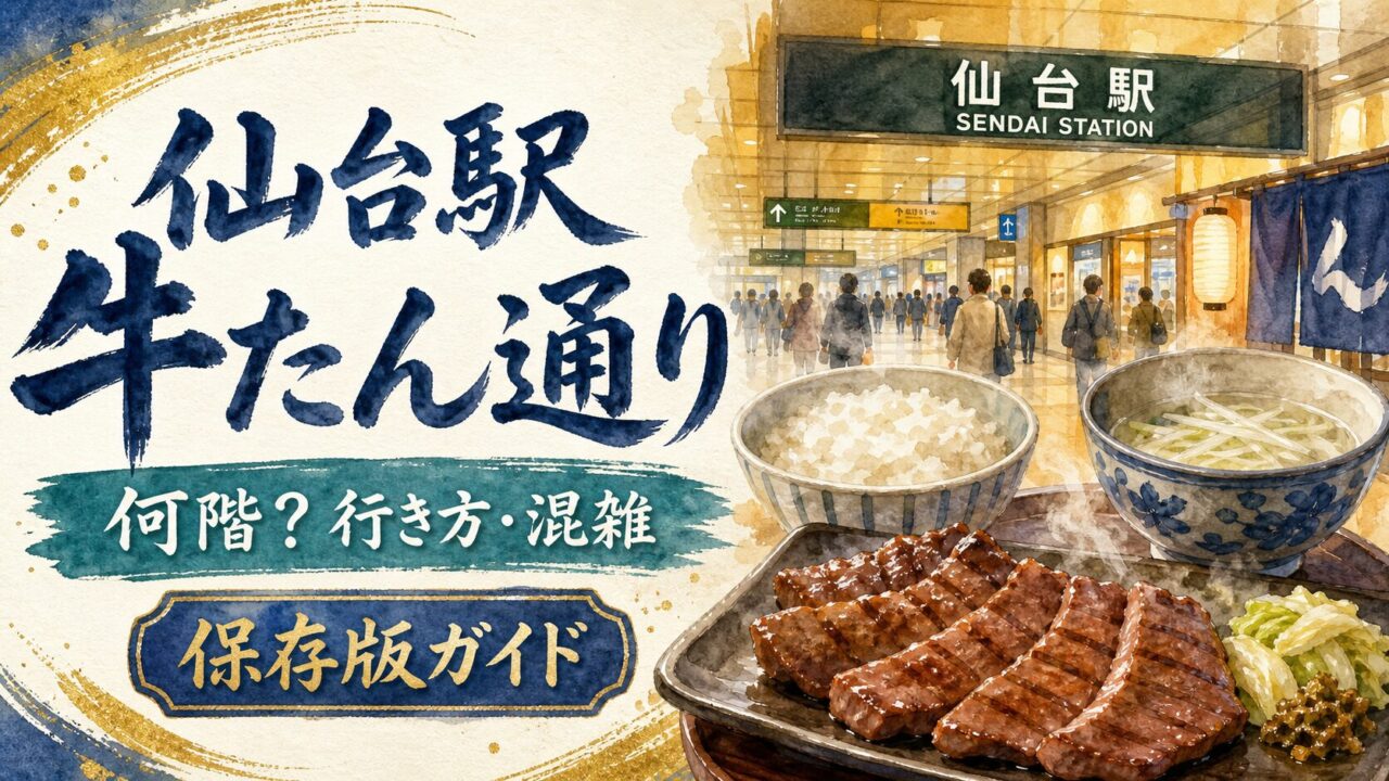仙台駅牛たん通りの場所 行き方 混雑を案内する年号なし水彩アイキャッチ