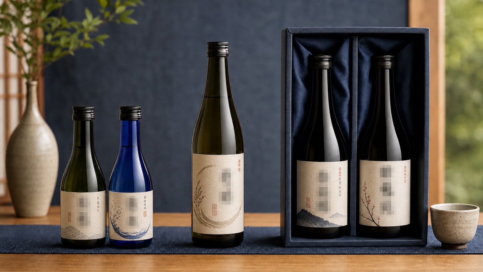 銘柄部分をモザイク加工した宮城の日本酒の小瓶と飲み比べセットのイメージ