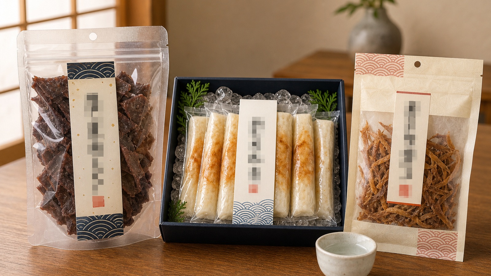 商品名部分をモザイク加工した牛たん 笹かま 海産物のおつまみ比較イメージ