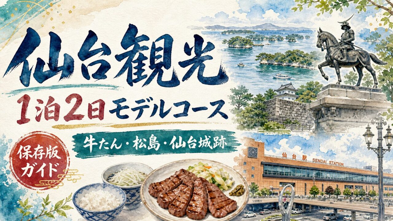仙台観光1泊2日モデルコースを案内する年号なし水彩アイキャッチ