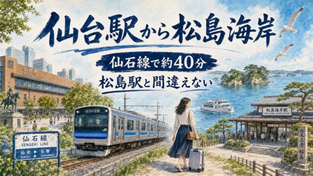 仙台駅から仙石線で松島海岸へ向かう大人の女性旅行者を描いた水彩画