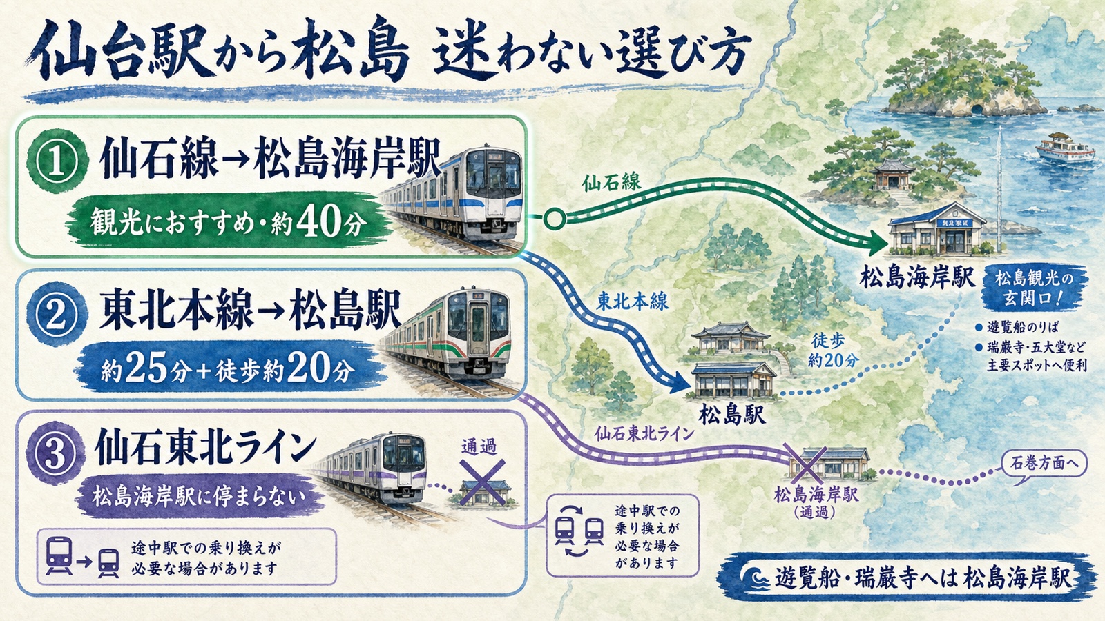 仙台駅から松島へ仙石線の松島海岸駅、東北本線の松島駅、仙石東北ラインを比較する水彩インフォグラフィック