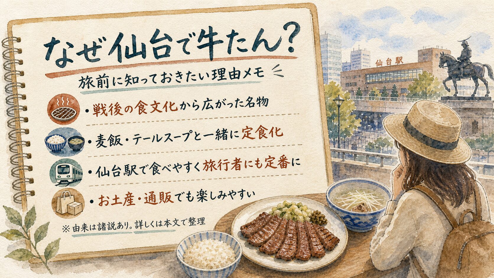 なぜ仙台で牛たんなのかを戦後の食文化 定食化 仙台駅 旅行者 お土産通販の観点でまとめた水彩メモ画像