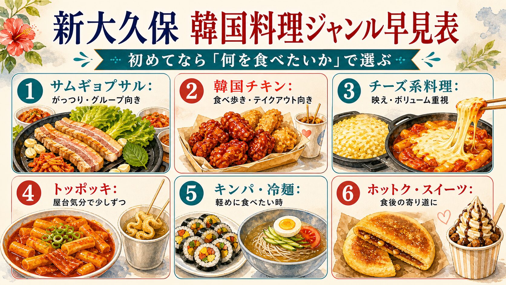 新大久保の韓国料理ジャンル早見表。サムギョプサル、韓国チキン、チーズ系料理、トッポッキ、キンパ、ホットクの特徴を比較