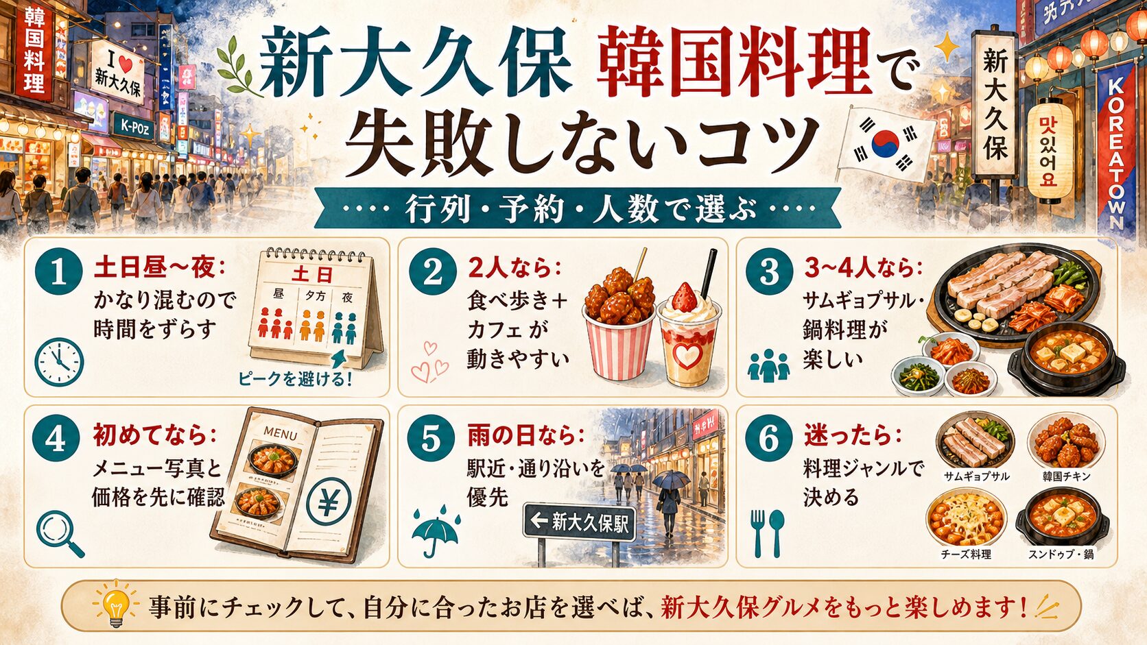 新大久保で韓国料理を選ぶ時の失敗しないコツ。行列、予約、人数、雨の日、価格確認のポイント