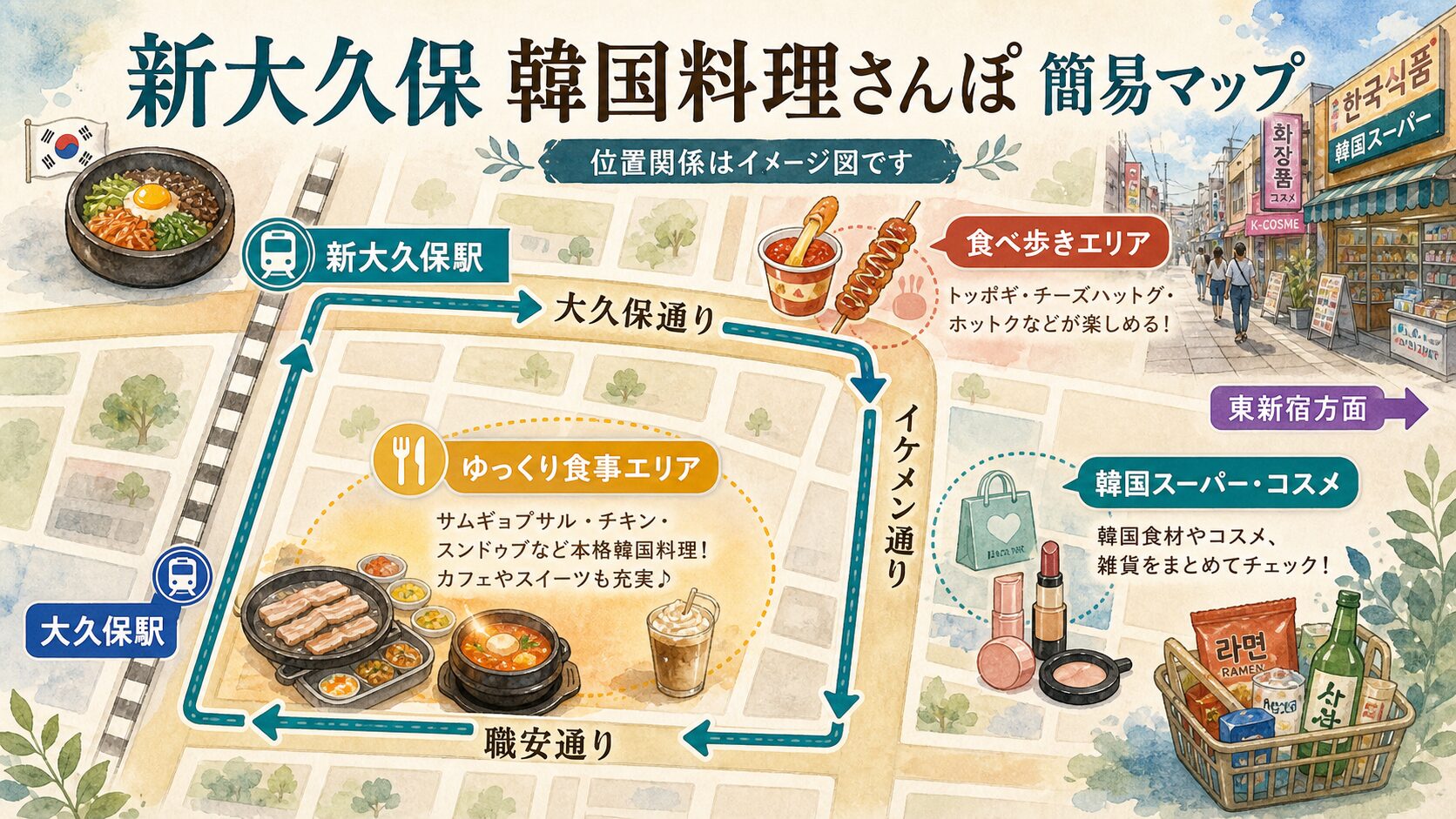 新大久保で韓国料理を楽しむための簡易マップ。新大久保駅、大久保通り、イケメン通り、職安通りの位置関係を示したイメージ図