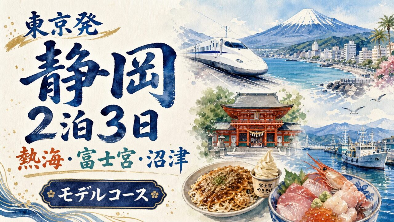 東京発静岡2泊3日 熱海 富士宮 沼津モデルコースの筆文字水彩アイキャッチ