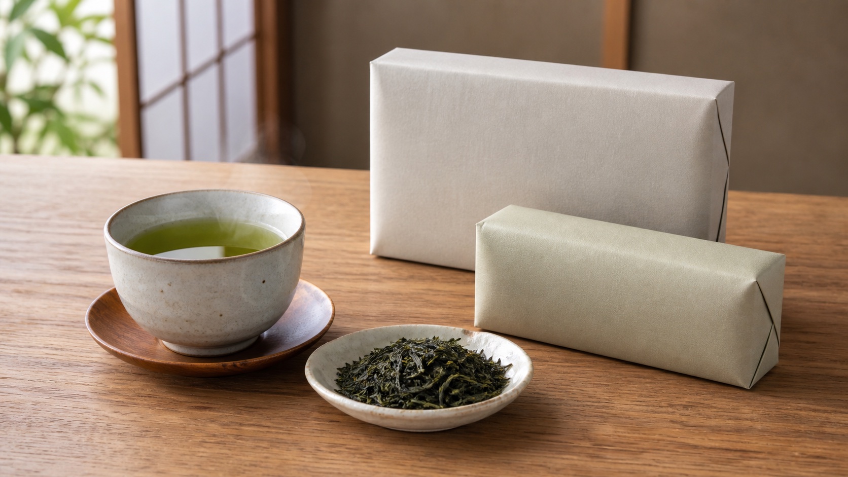 湯のみの静岡茶 茶葉 容量の異なる無地の贈答用包装を並べた比較イメージ