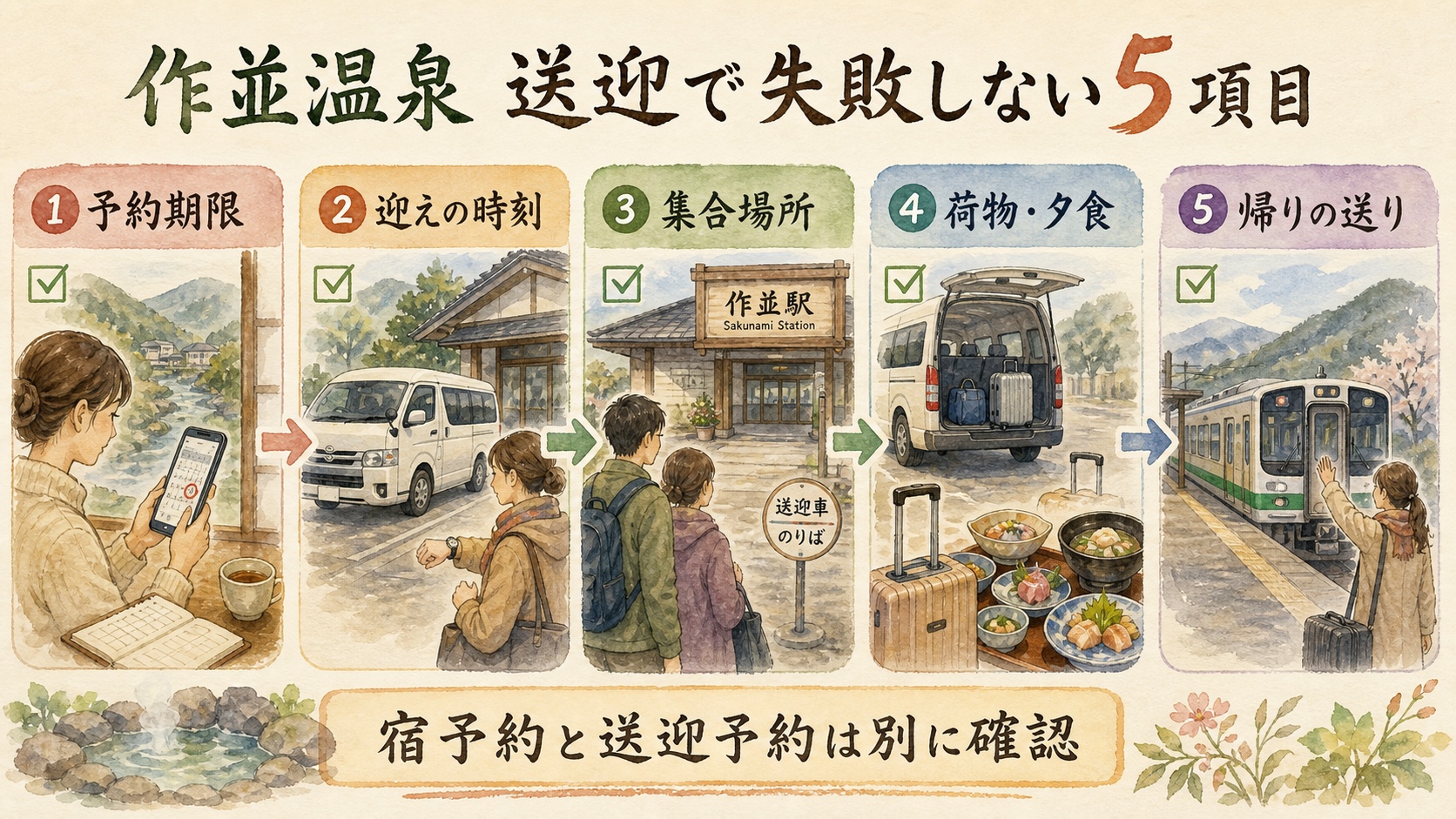作並温泉の送迎予約期限・迎えの時刻・集合場所・荷物と夕食・帰りの送りを示す水彩インフォグラフィック