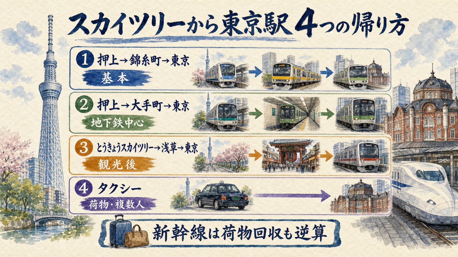 東京スカイツリーから東京駅まで押上・錦糸町、大手町、浅草、タクシーの4ルートを示す水彩インフォグラフィック