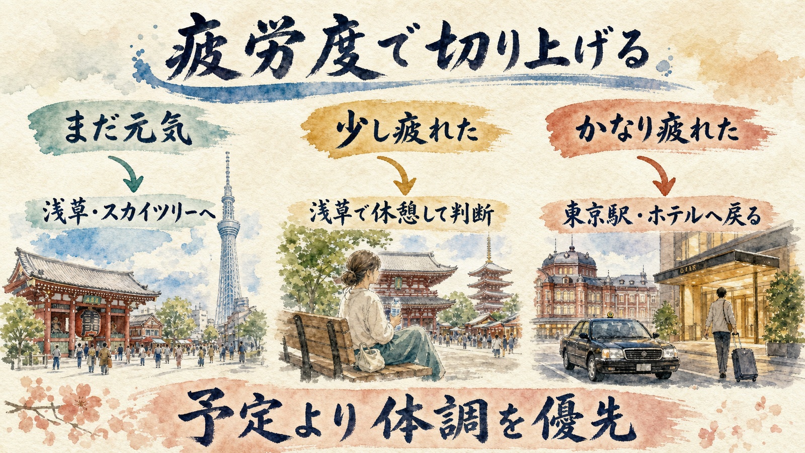 まだ元気・少し疲れた・かなり疲れたの3段階で東京観光の切り上げ方を選ぶ水彩インフォグラフ