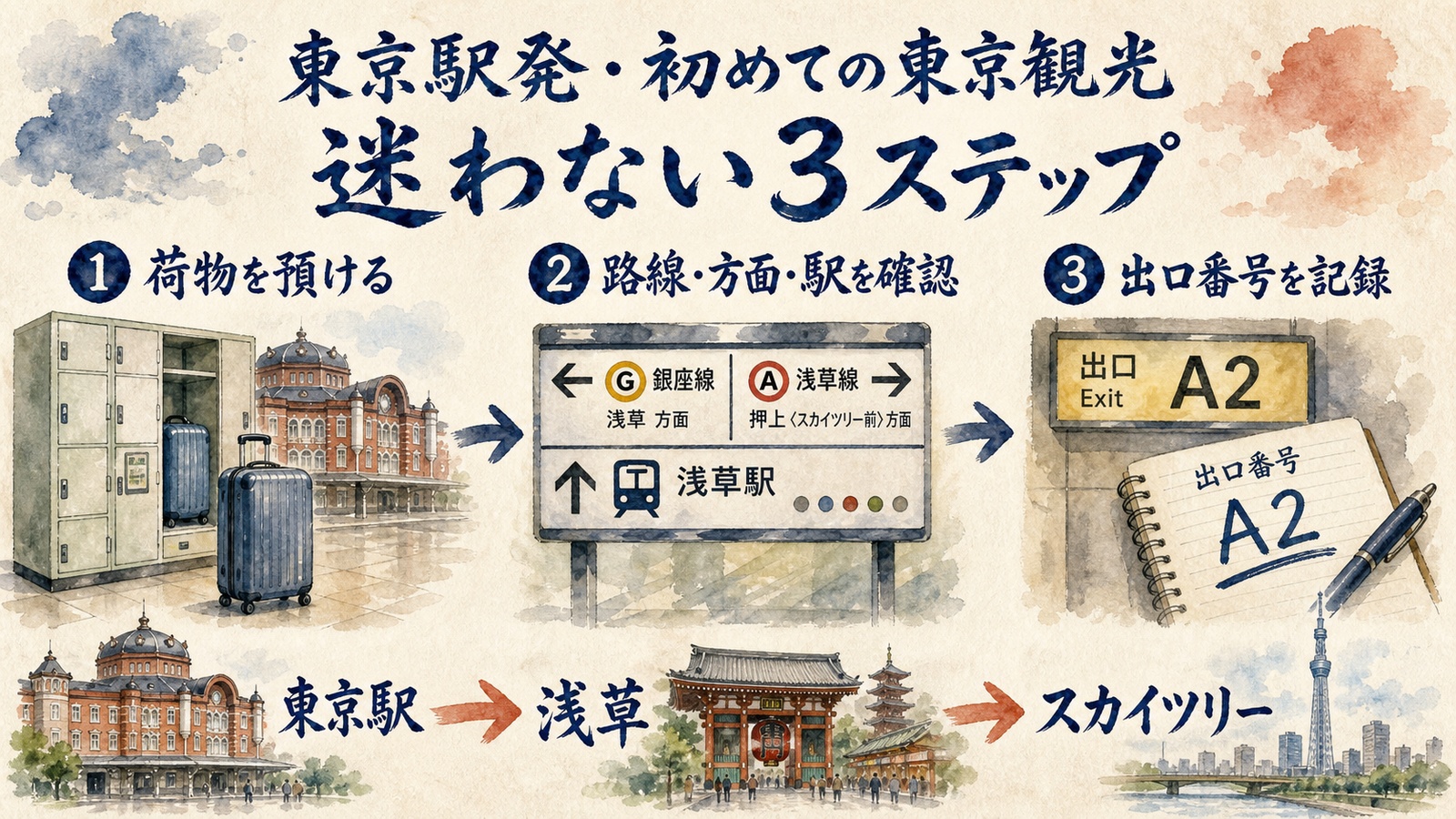 荷物を預ける・路線と方面と駅を確認・出口番号を記録する東京駅発の水彩インフォグラフ