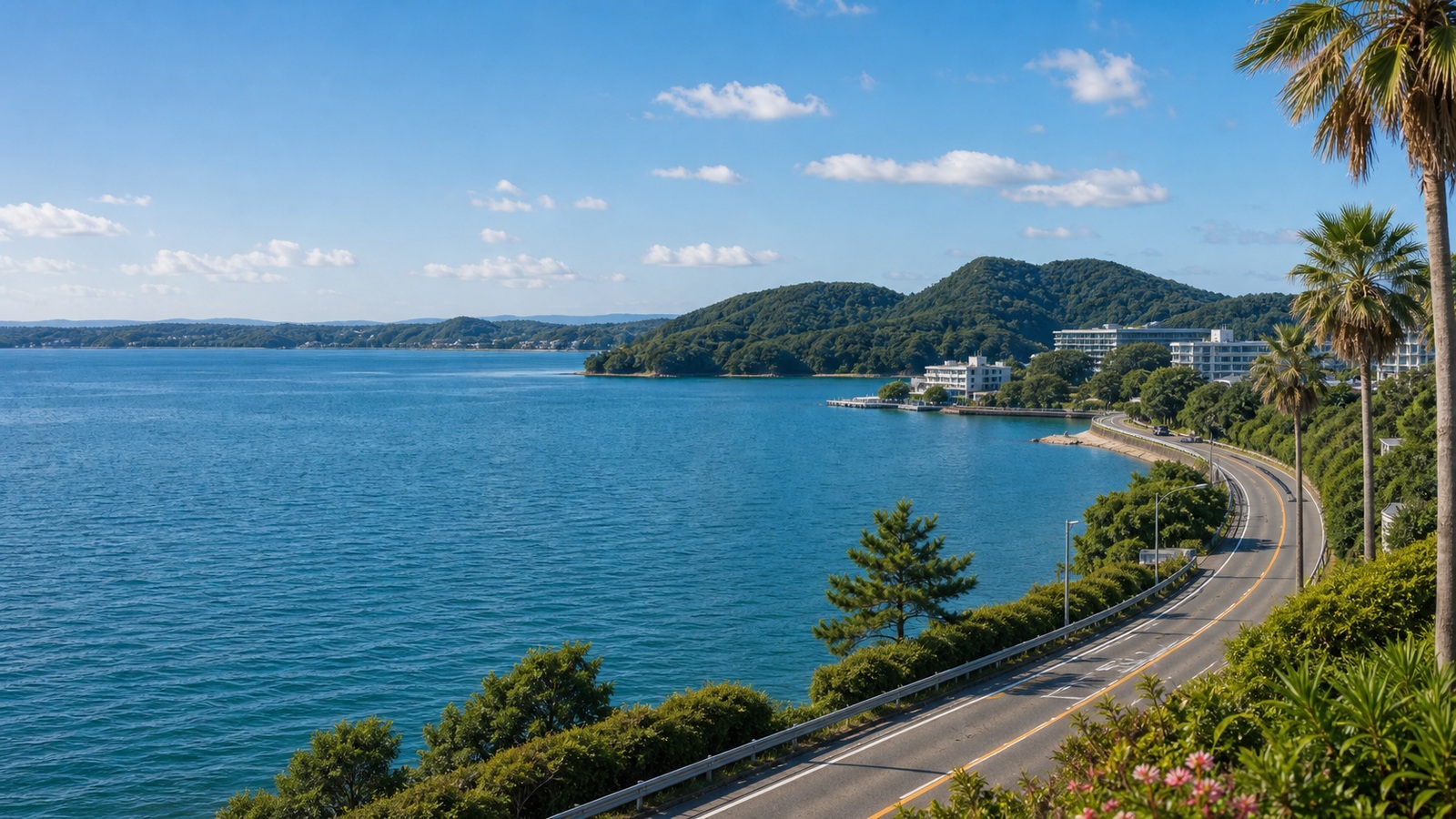 浜名湖の湖畔と青い水面を望む旅行風景