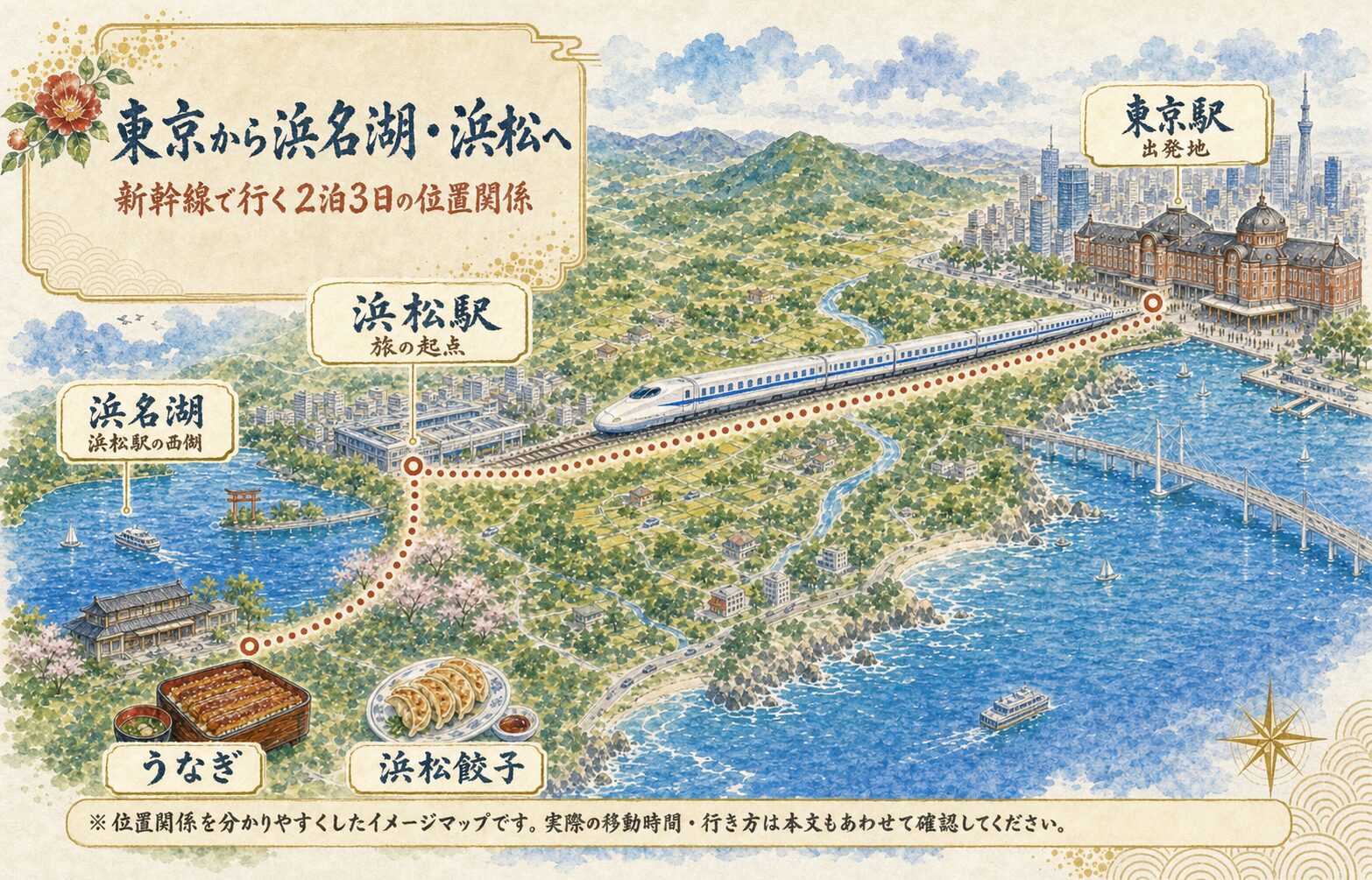 東京から浜名湖 浜松への位置関係を示す水彩文字の広域マップ