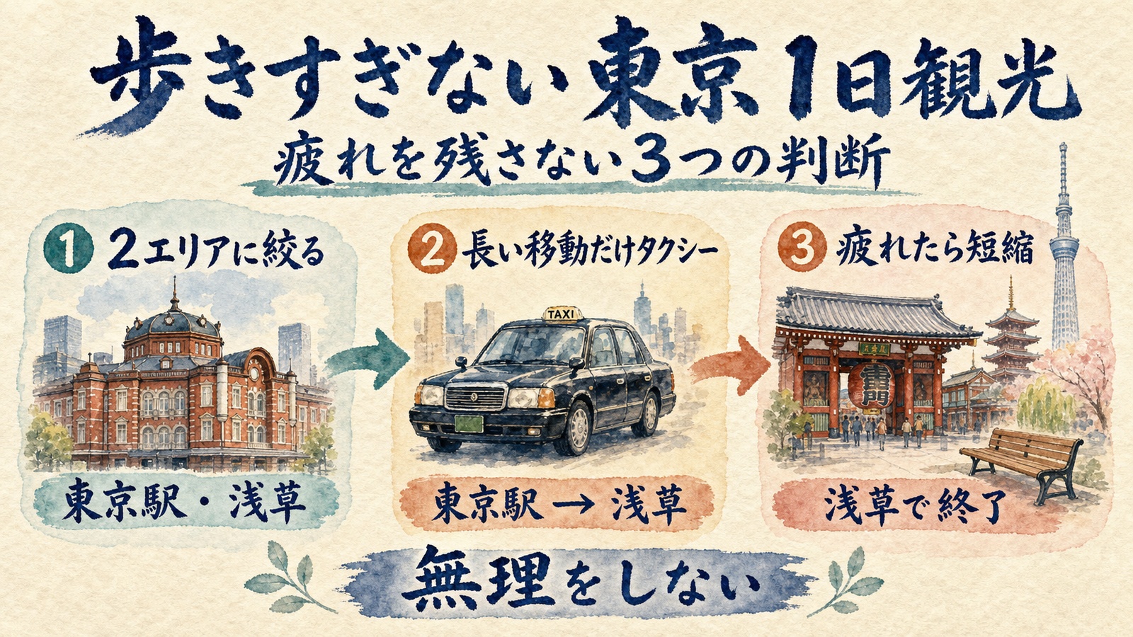 2エリアに絞る・長い移動だけタクシー・浅草で短縮という歩きすぎない東京1日観光の水彩インフォグラフ