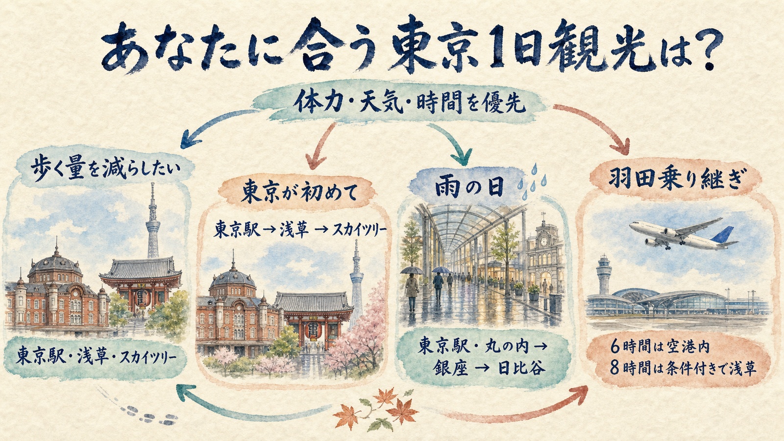 歩く量・初めて・雨の日・羽田乗り継ぎから東京1日観光コースを選ぶ水彩インフォグラフ