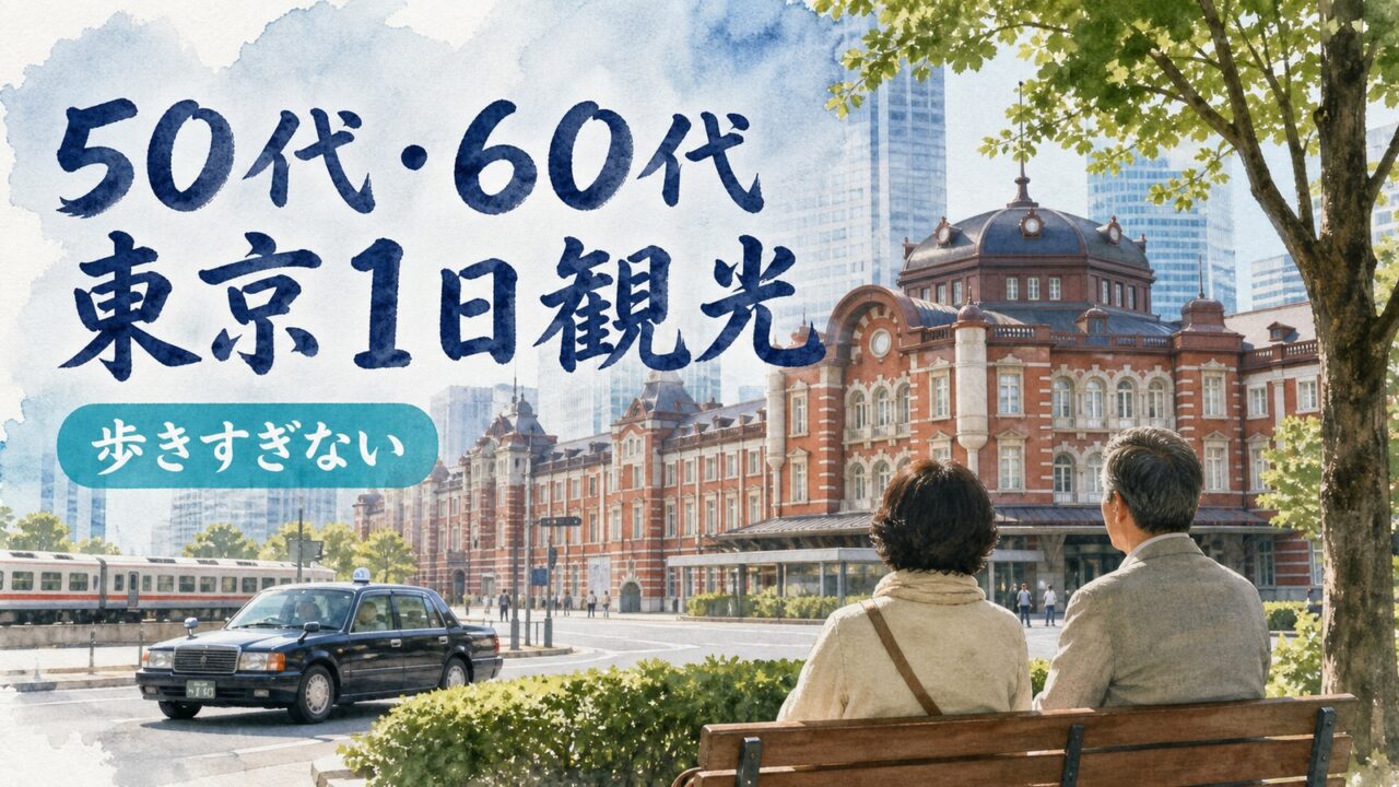 東京駅前のベンチで休みながら東京を観光する50代60代の夫婦とタクシーのイメージ