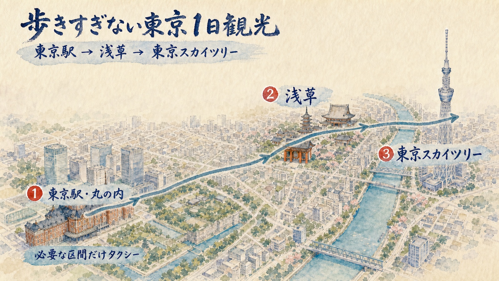 自然な水彩矢印で示した東京駅から浅草と東京スカイツリーを回る歩きすぎない東京1日観光マップ
