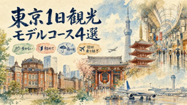 東京駅・浅草・雨の日の街並み・羽田空港を描いた東京1日観光モデルコース4選の水彩画