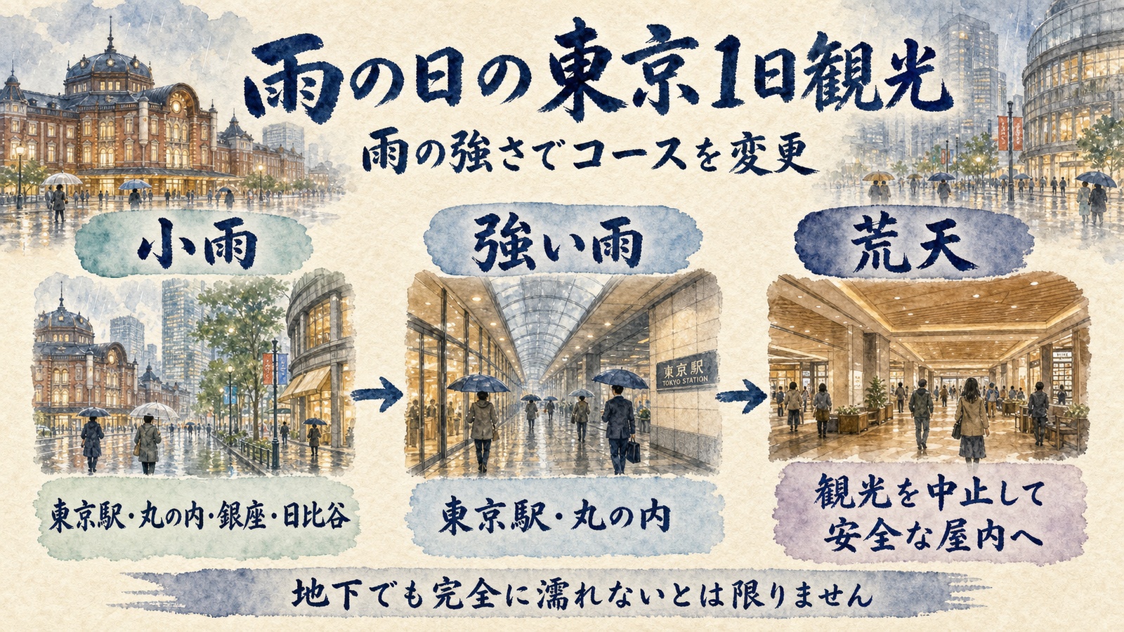 小雨・強い雨・荒天に応じて東京1日観光コースを短縮する水彩インフォグラフ