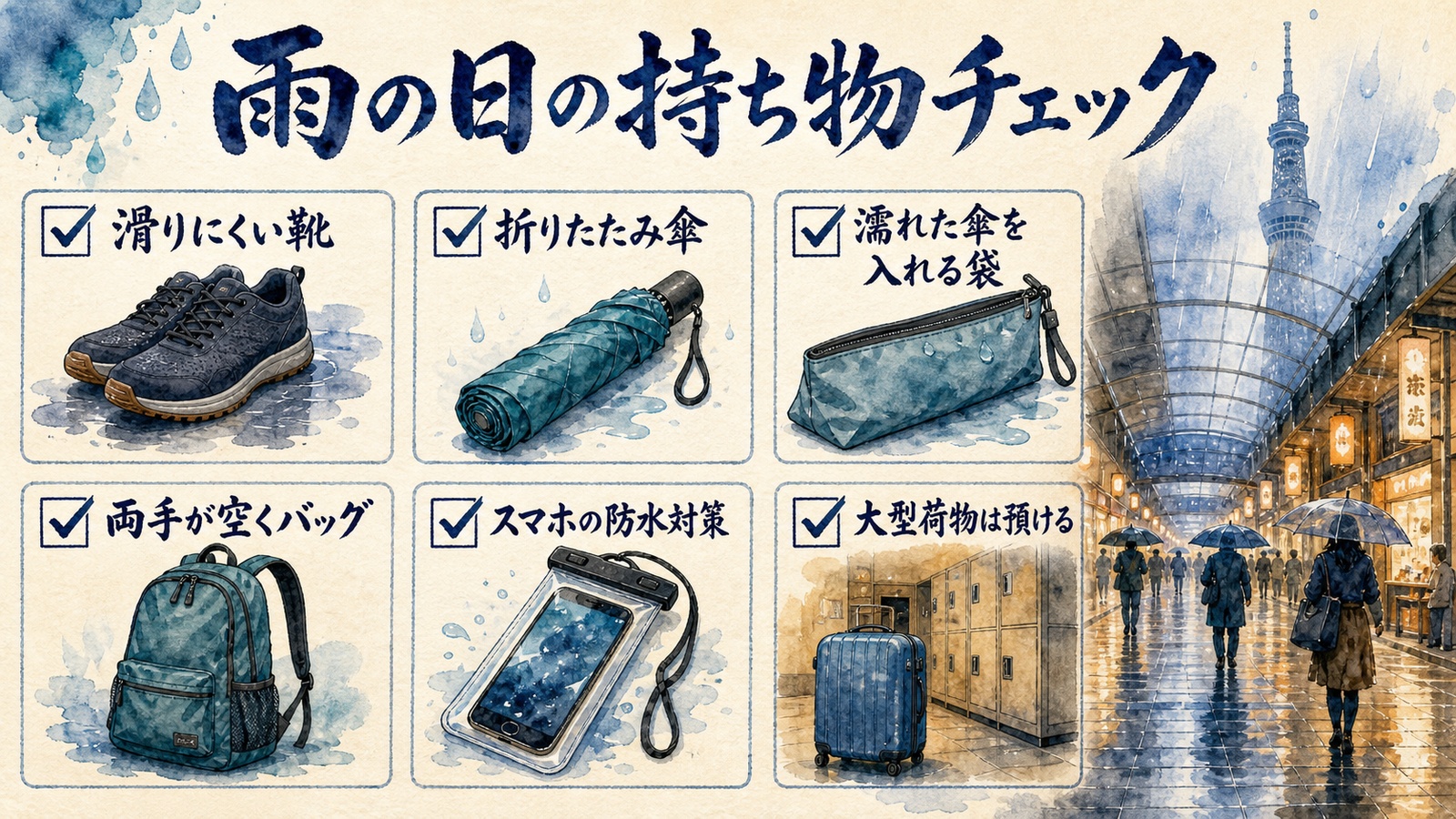 滑りにくい靴・折りたたみ傘・傘袋・両手が空くバッグ・スマホ防水対策・荷物預けの水彩チェックリスト