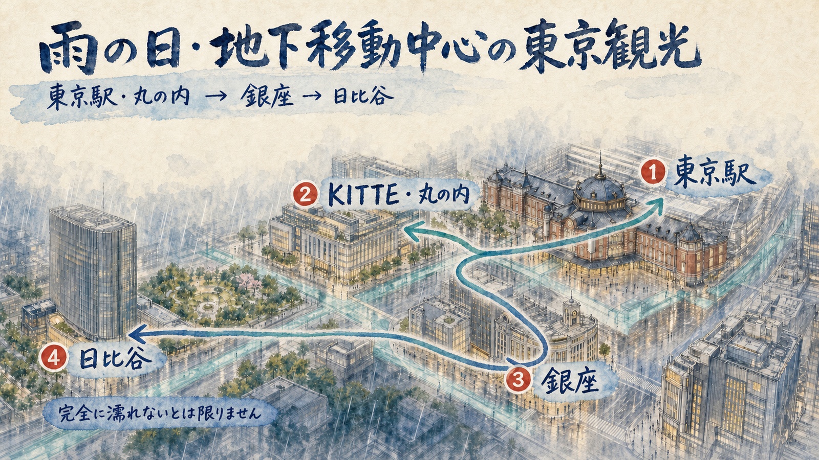 自然な水彩矢印で示した東京駅と丸の内から銀座と日比谷を地下移動中心で回る雨の日観光マップ