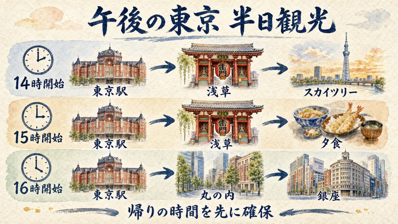 14時は東京駅から浅草とスカイツリー、15時は浅草と夕食、16時は丸の内と銀座を選ぶ水彩インフォグラフィック