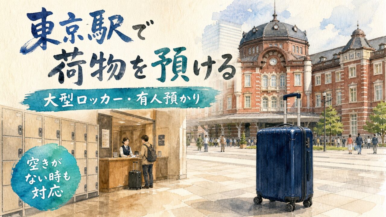 東京駅の赤レンガ駅舎、コインロッカー、有人預かり、スーツケースを描いた水彩画