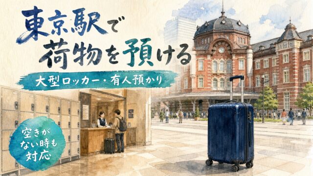 東京駅の赤レンガ駅舎、コインロッカー、有人預かり、スーツケースを描いた水彩画