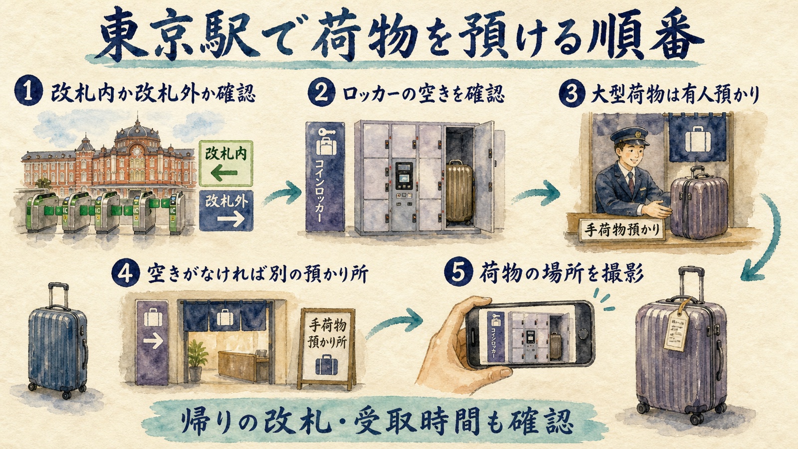 東京駅で荷物を預ける5つの手順を示す水彩インフォグラフィック