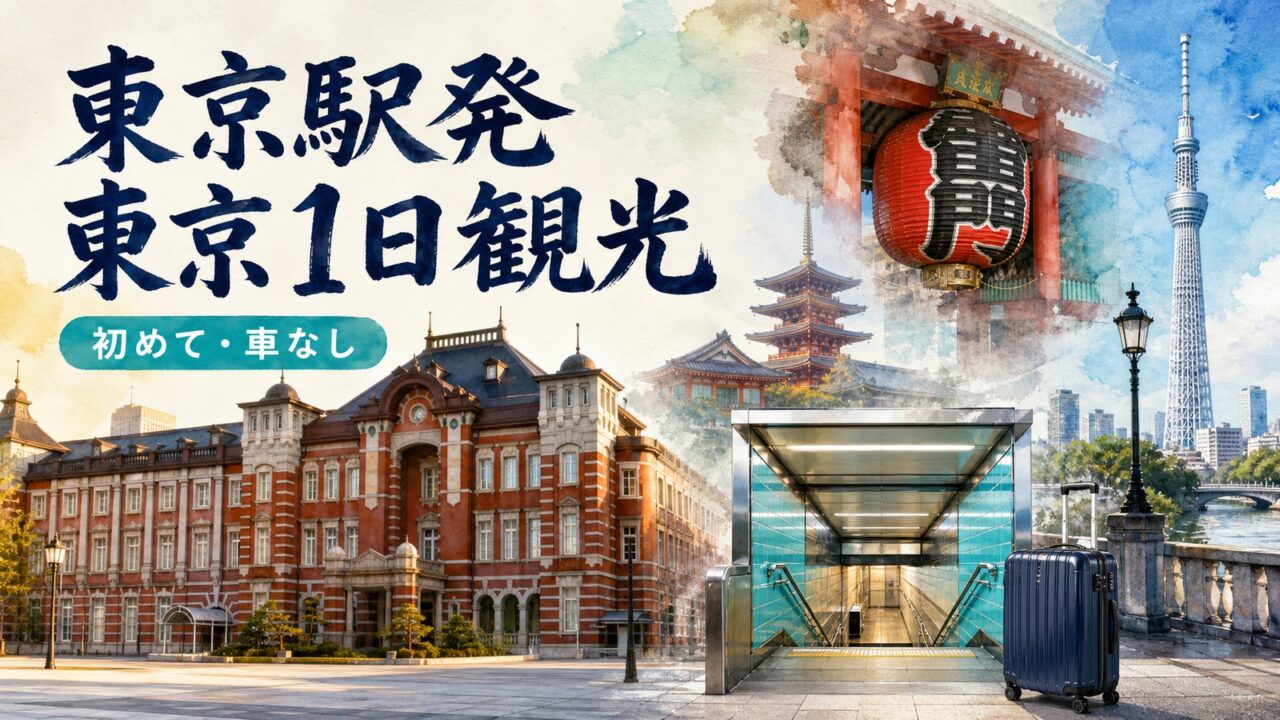 東京駅から浅草と東京スカイツリーへ車なしで巡る東京1日観光のイメージ