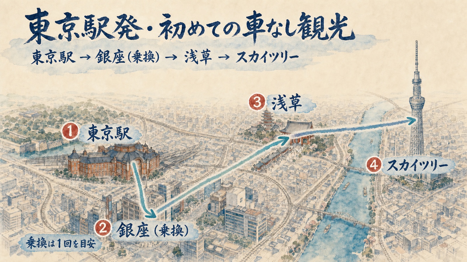 自然な水彩矢印で示した東京駅から銀座で乗り換えて浅草とスカイツリーへ向かう車なし観光マップ