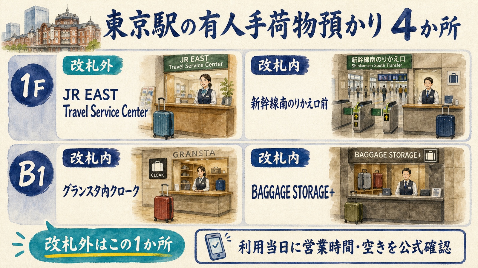 東京駅の有人手荷物預かり4か所を1階・地下1階と改札内外で分けた水彩インフォグラフィック