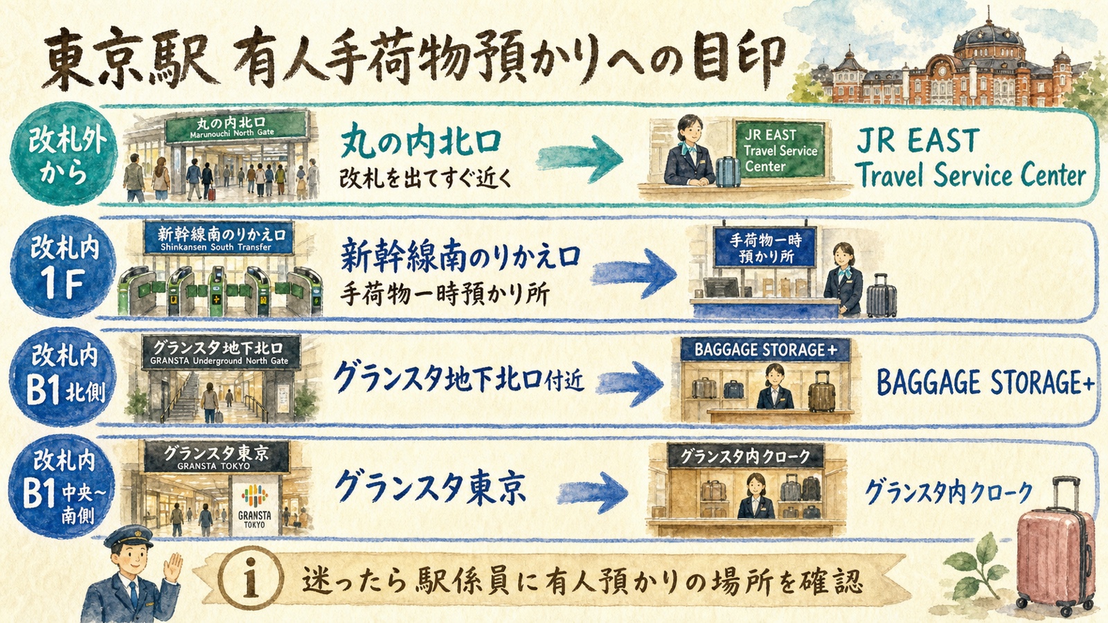 東京駅の有人手荷物預かり4か所へ向かう改札と目印を示す水彩ルート図
