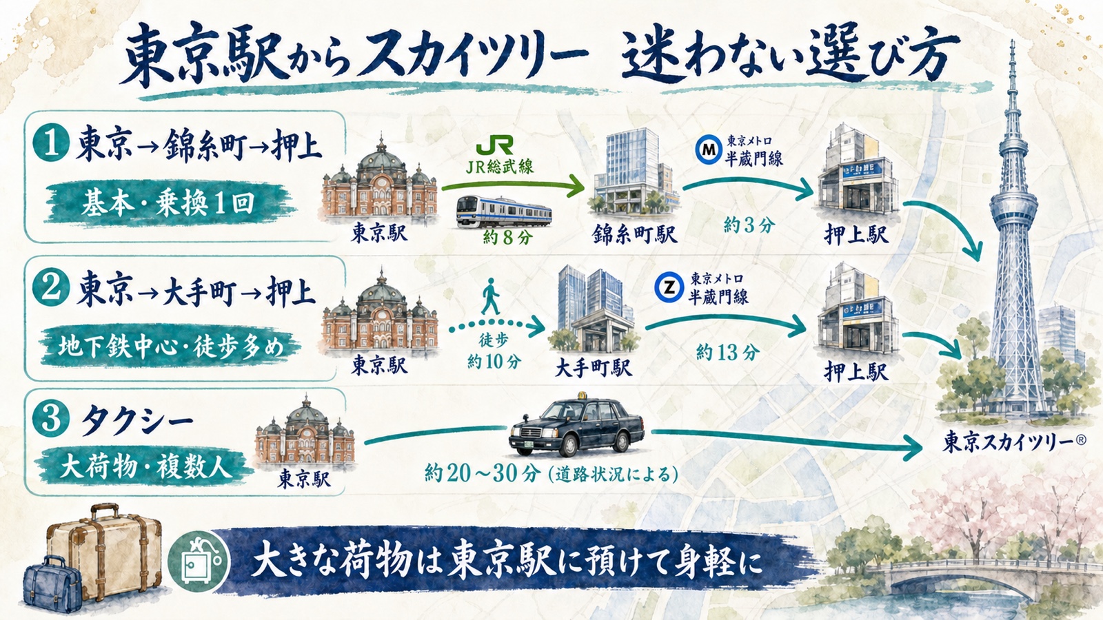 東京駅から東京スカイツリーまで錦糸町乗換、大手町経由、タクシーを比較する水彩インフォグラフィック