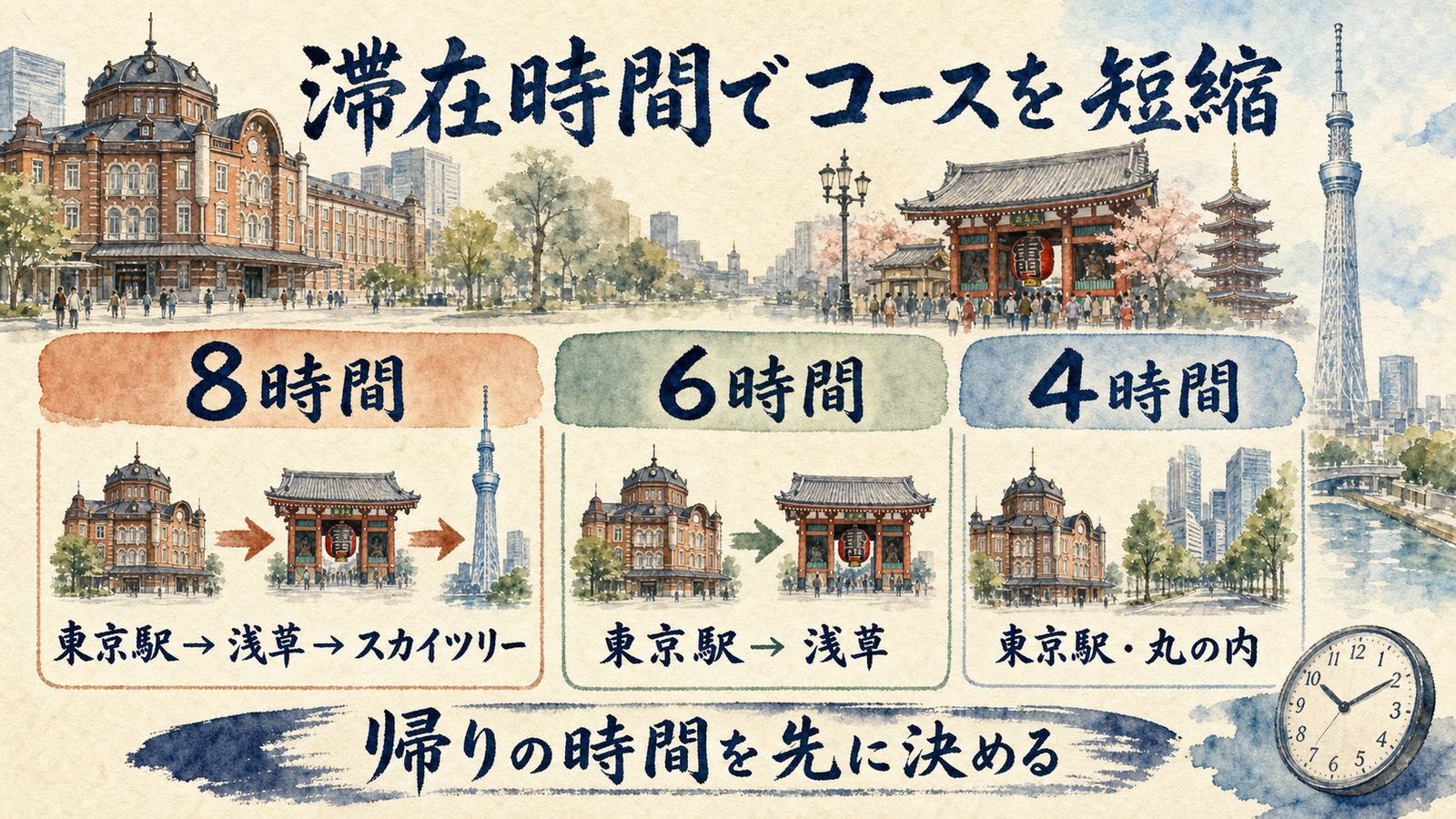 8時間・6時間・4時間の滞在時間別に東京駅・浅草・スカイツリーの範囲を選ぶ水彩インフォグラフ