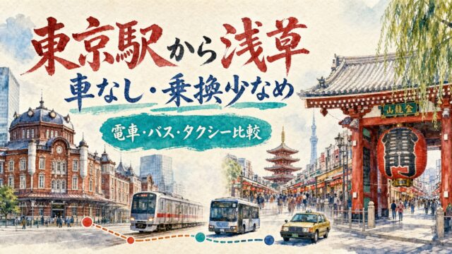 東京駅から浅草までの電車、バス、タクシーを描いた水彩のアイキャッチ