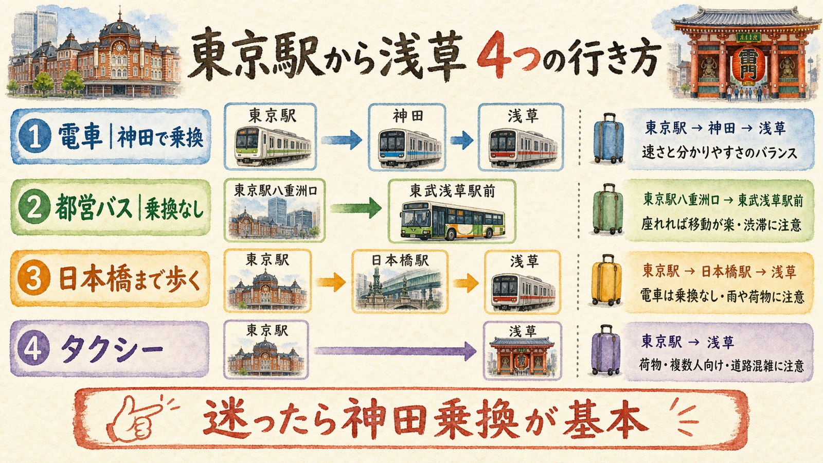 東京駅から浅草までの電車、都営バス、徒歩と地下鉄、タクシーの4ルートを示す水彩インフォグラフィック