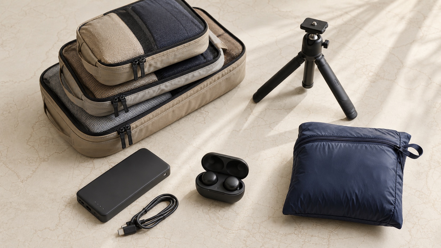 モバイルバッテリーと充電ケーブルなど旅行用品の比較イメージ