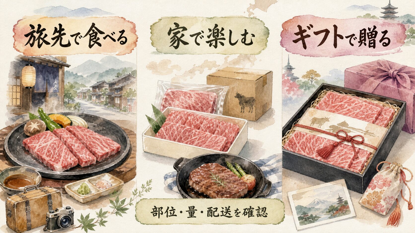 旅先で食べる 家で楽しむ ギフトで贈るを整理したブランド牛の水彩図解