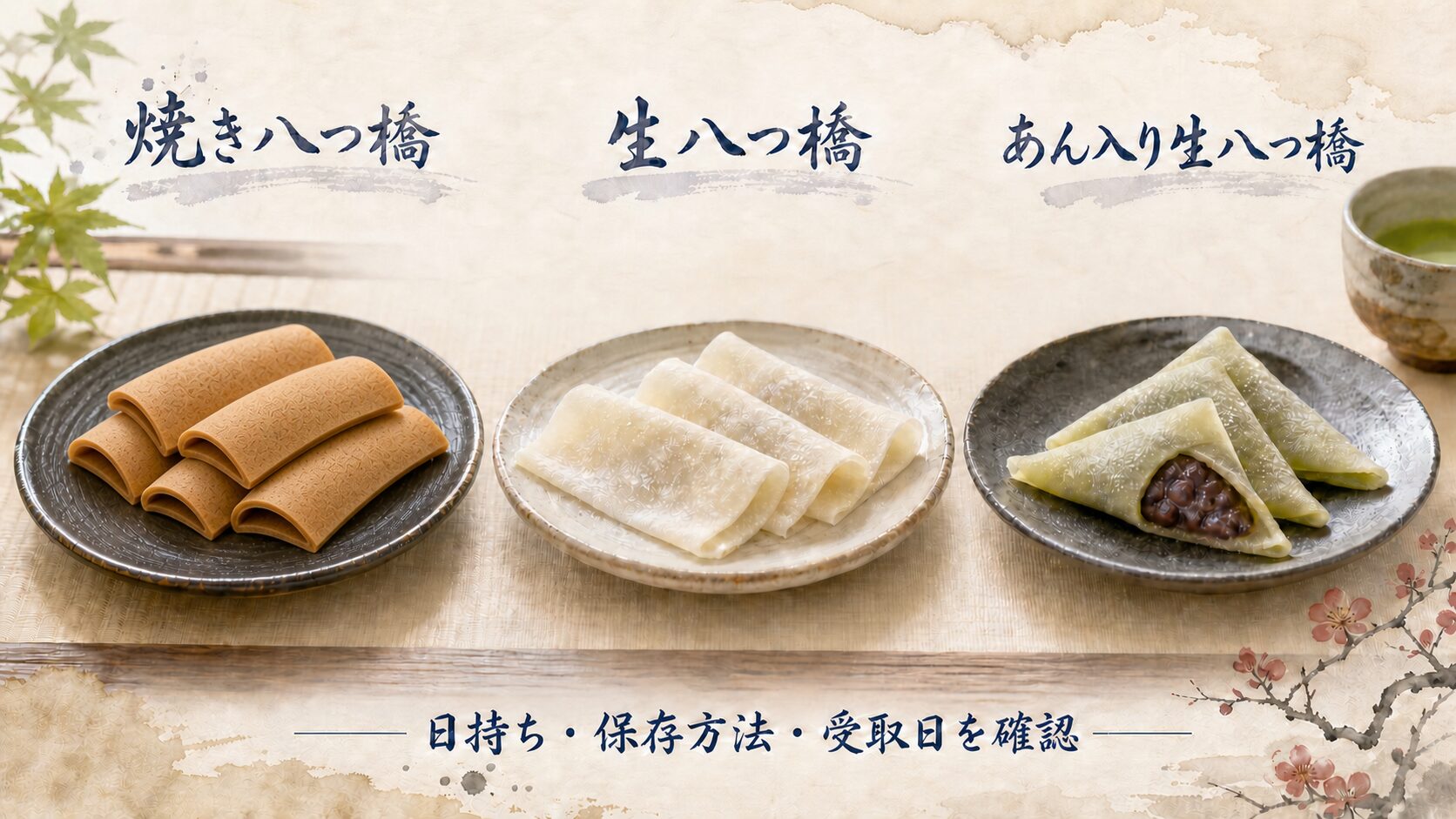 焼き八つ橋 生八つ橋 あん入り生八つ橋を並べた種類比較イメージ