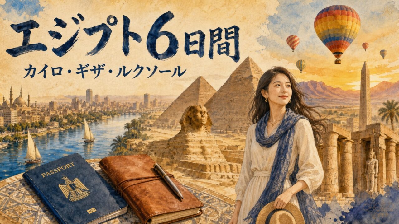 エジプト6日間でカイロ・ギザ・ルクソールを巡る女性旅行者の水彩アイキャッチ