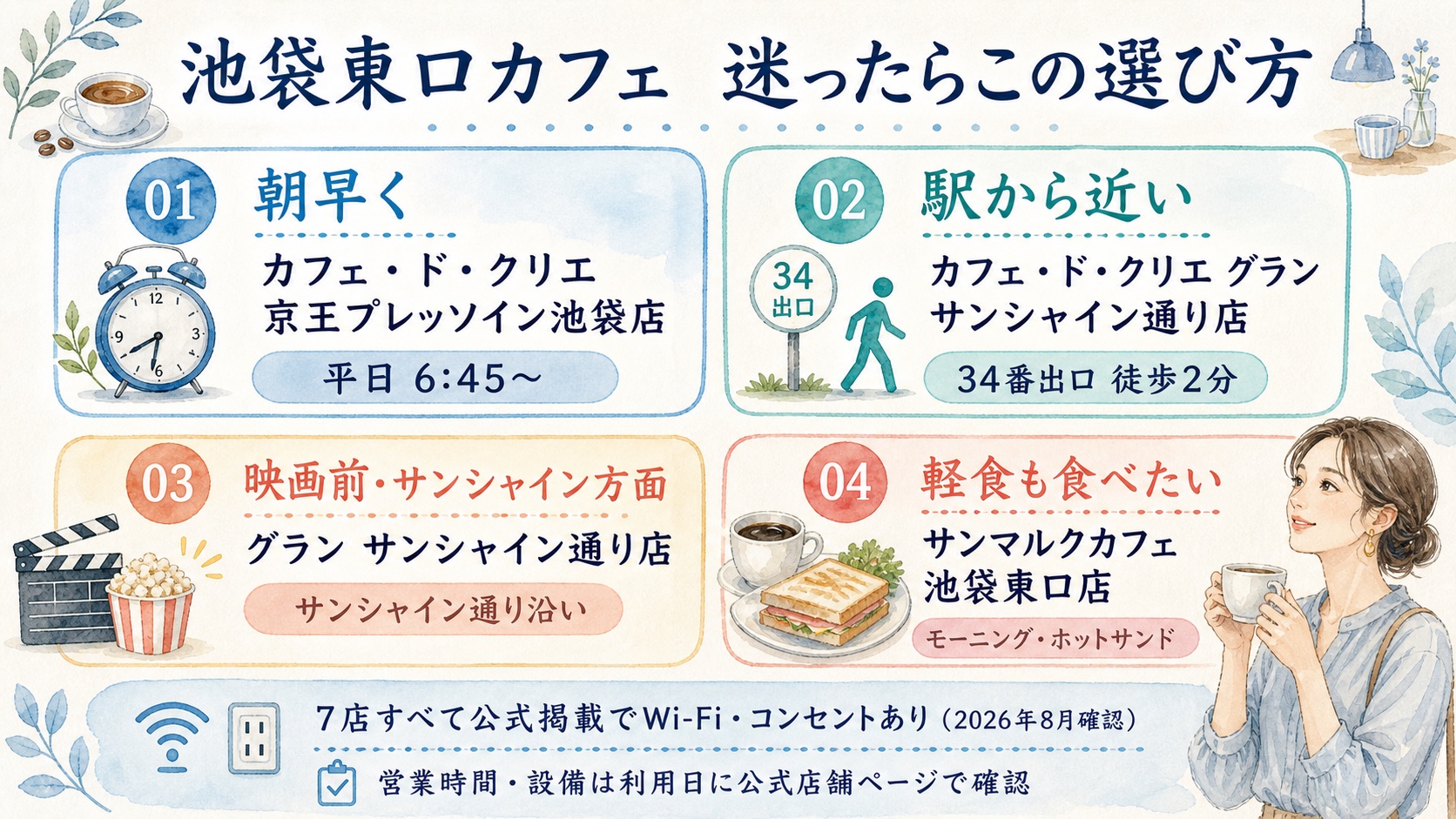 池袋東口のカフェを朝早く・駅近・映画前・軽食の4用途で選ぶ水彩インフォグラフィック
