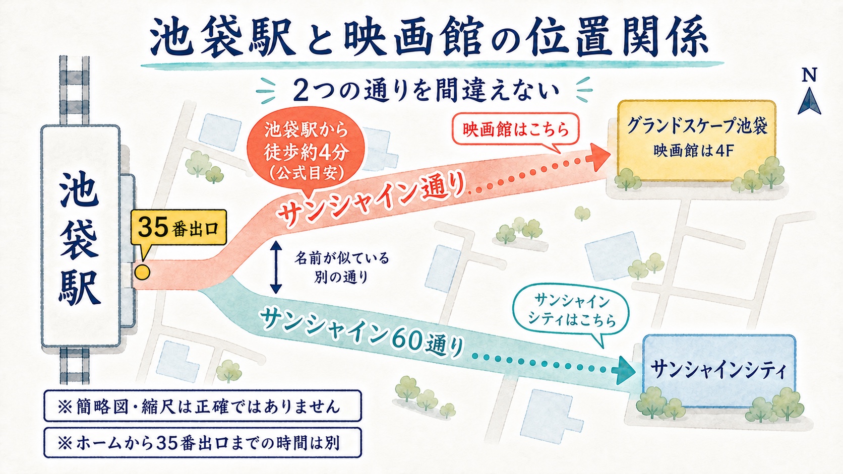 池袋駅から徒歩約4分の公式目安と2つのサンシャイン通りを色分けした簡易マップ